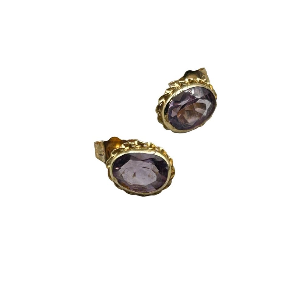 Vintage 14K Gold and Amethyst Earrings Studs Oval Bezel Sets Genuine Gemstones